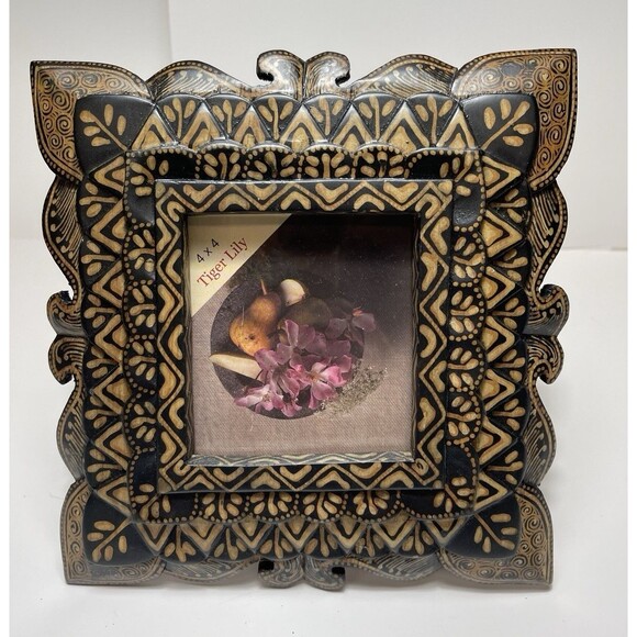 Tiger Lily Picture Frame Hand Painted USA Holds Picture 4x4" VTG? - Picture 1 of 7